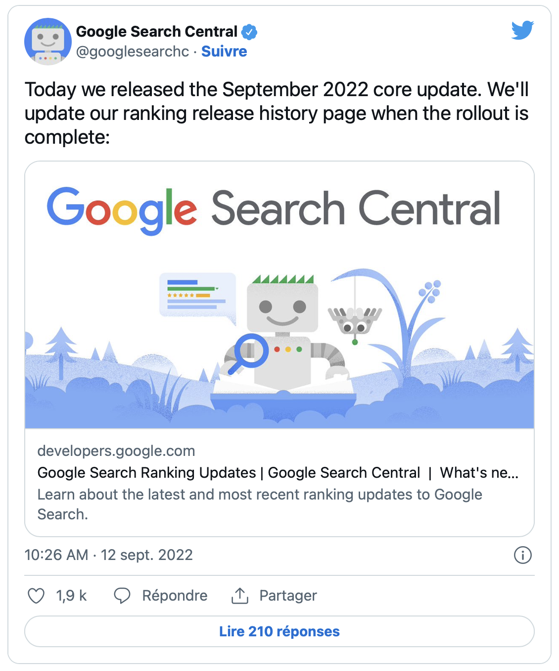 tuit de google anunciando la actualización del núcleo de septiembre de 2022