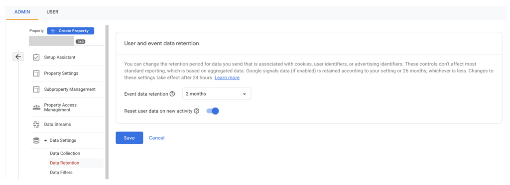 menu de conservacion de los datos en google analytics 4