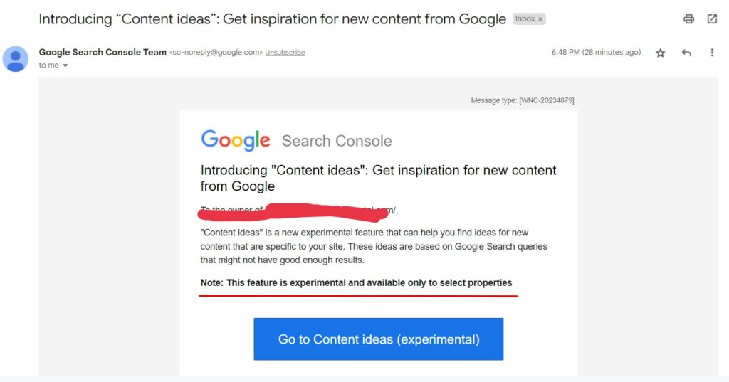 mensaje enviado por google a los probadores beta de la funcion content ideas