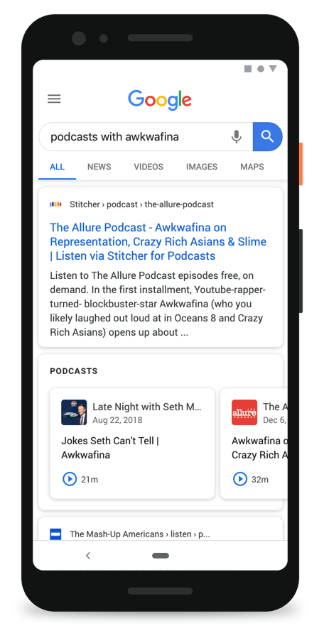 visualizacion de podcasts en tarjetas o carrusel en google mobile