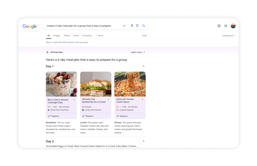 ejemplo de generacion de plan de comidas con google ai overviews