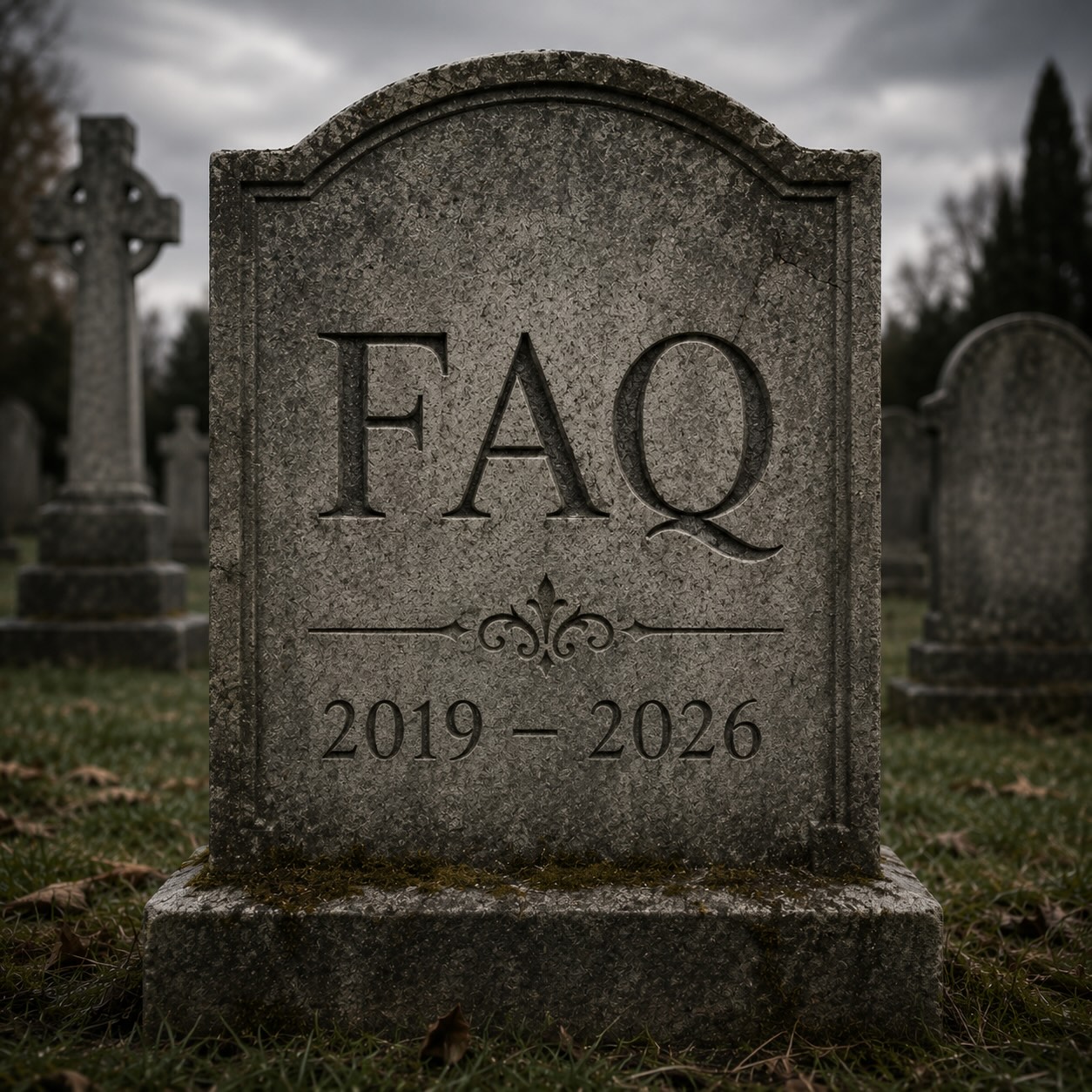 Lápida con inscripción FAQ 2019-2026 en cementerio oscuro