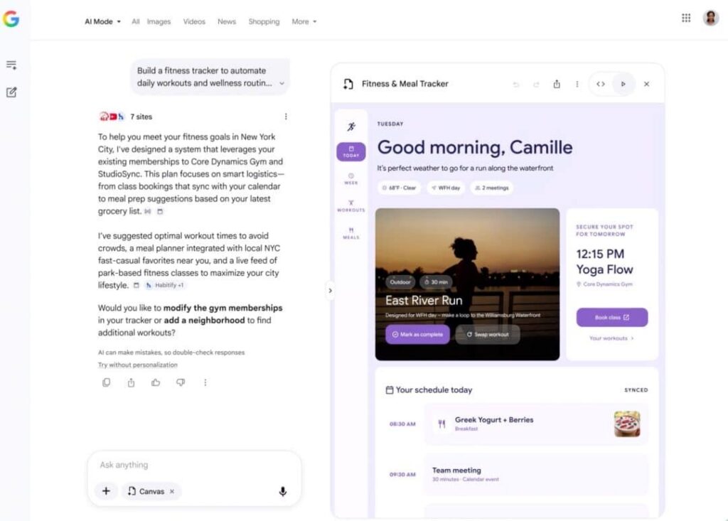 Tracker de fitness generado a demanda por Google Search con AI Mode - Google I/O 2026
