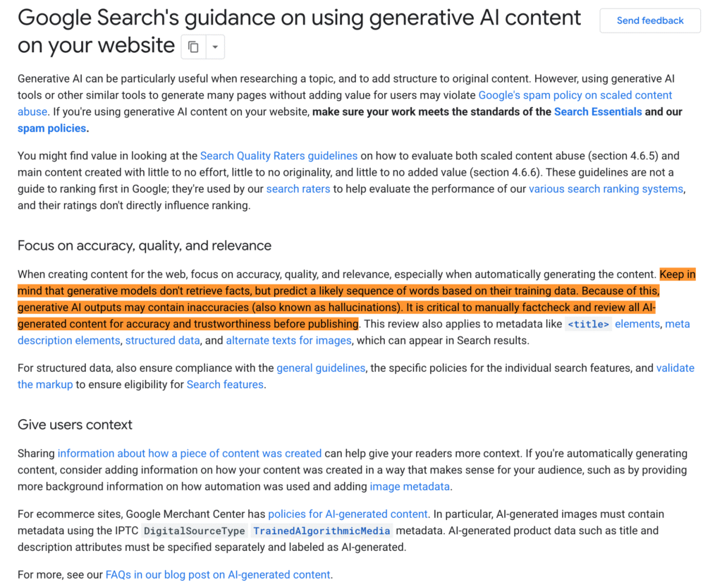 Guía de Google sobre uso de contenido IA generativa en sitios web